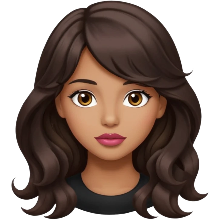 beautiful girl with black wavy long hair and side-swept bangs, tan skin, rose-coloured lips and hazel eyes who looks like a model emoji