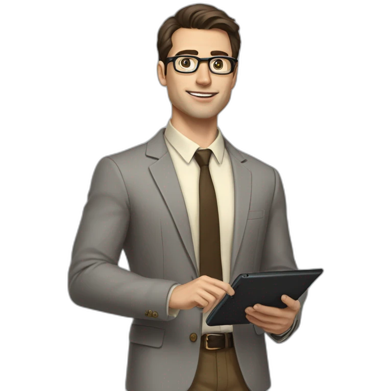 Pale skinned fit man with dark brown hair in gray jacket, beige office shirt, brown tie, brown pants and vintage glasses Writing on the tablet emoji
