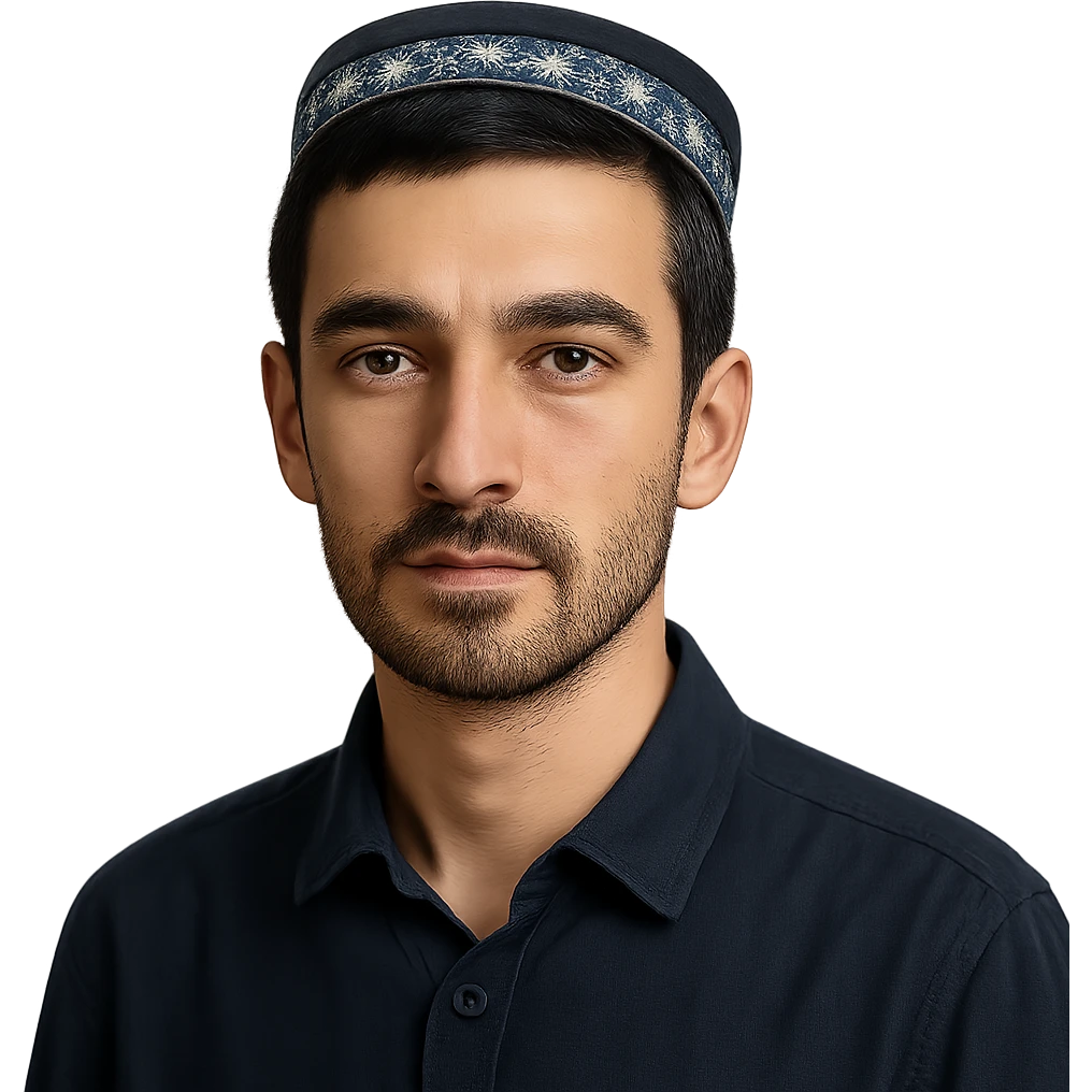A Tajik man with a slender build, oval face, broad forehead, straight nose, expressive brown eyes, thick eyebrows, dark straight hair, and warm-toned skin, neatly kept facial hair emoji