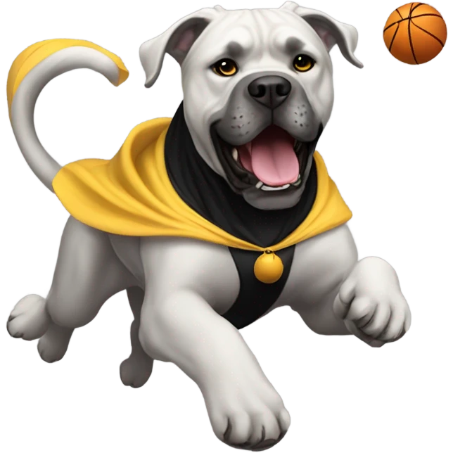  A white Cane Corso flying with a basketball wearing a black and gold cape. emoji