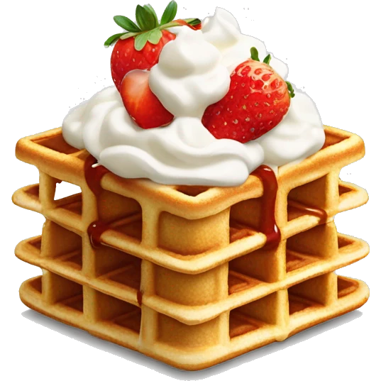 square waffle with dollop of whipped cream and one strawberry on top emoji