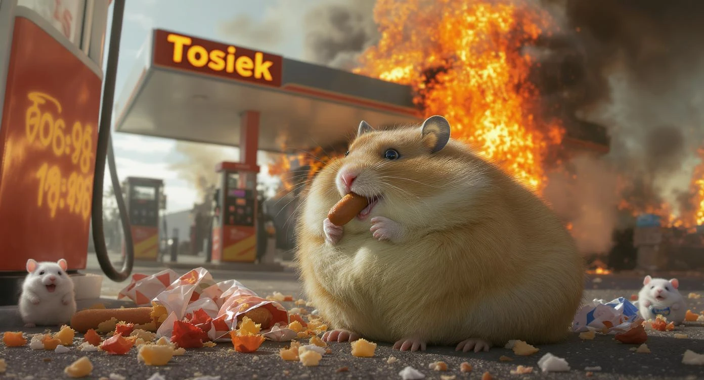 Cinematic still of A portrait of a fat hamster eating hotdog on gas station, gas station is in fire, other hamster fun away, sunny day, back light explosion , gas station named "Tosiek" (Realistic) emoji