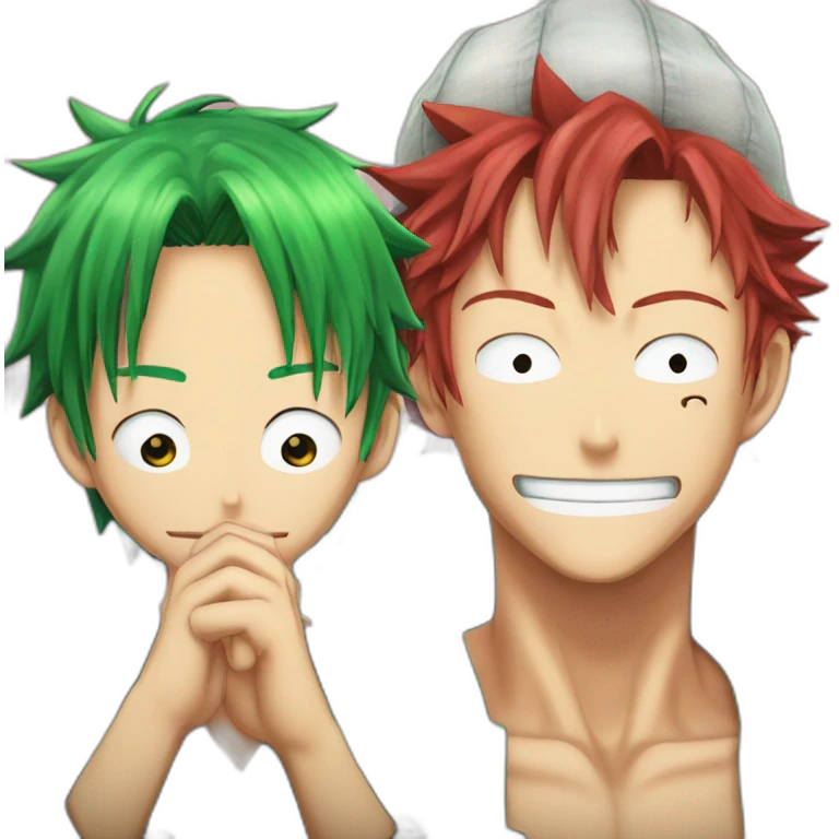 Shanks (red haired guy from One Piece) and Zoro (Green Haired guy from One Piece), touching their lips emoji