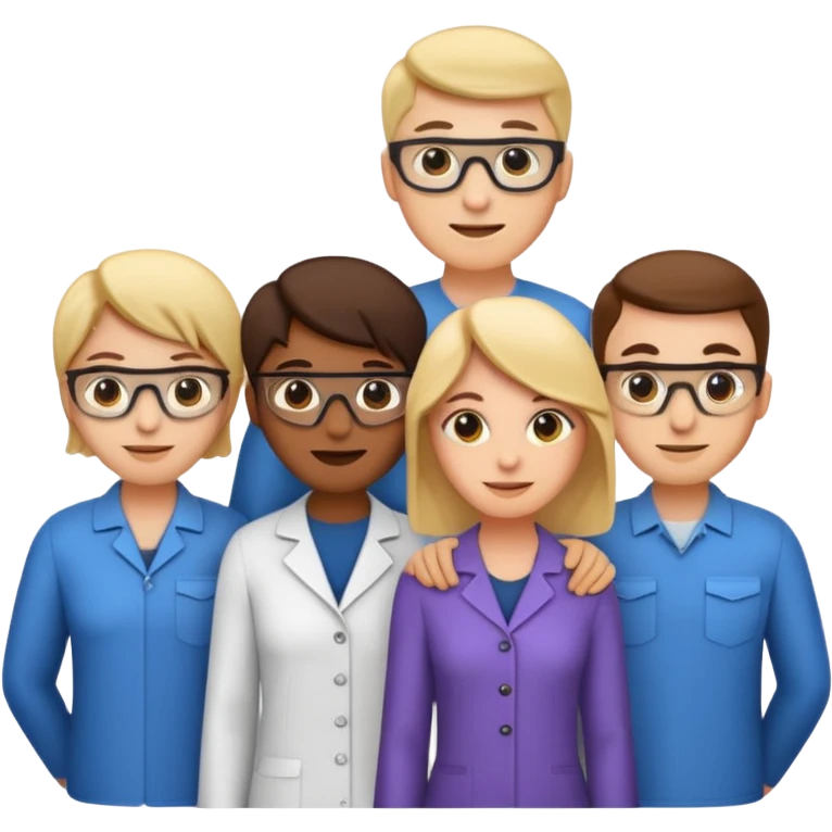 group portrait of five team members in emoji style, including prompt designer, experience designer, data scientist, content scientist, and project manager, in a friendly group pose emoji