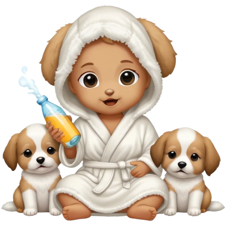 Baby with white fluffy robe and over her eyes and drinking a bottle and sitting next to puppies  emoji