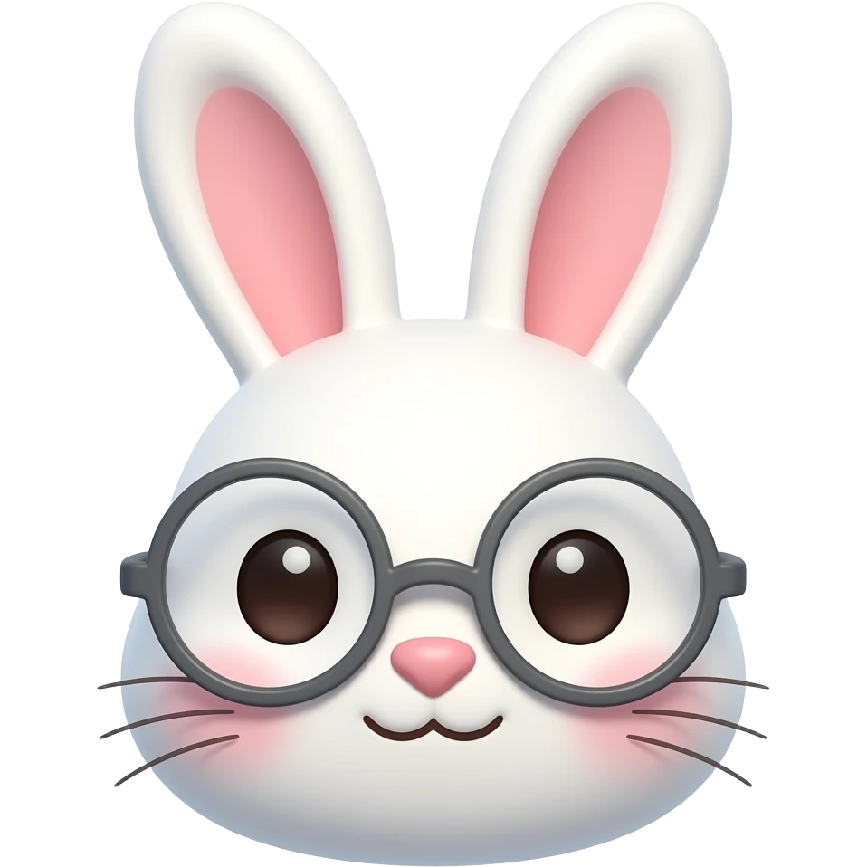 Cute white bunny face emoji wearing round glasses, soft pastel colors, light pink details, 3D emoji style, transparent background emoji