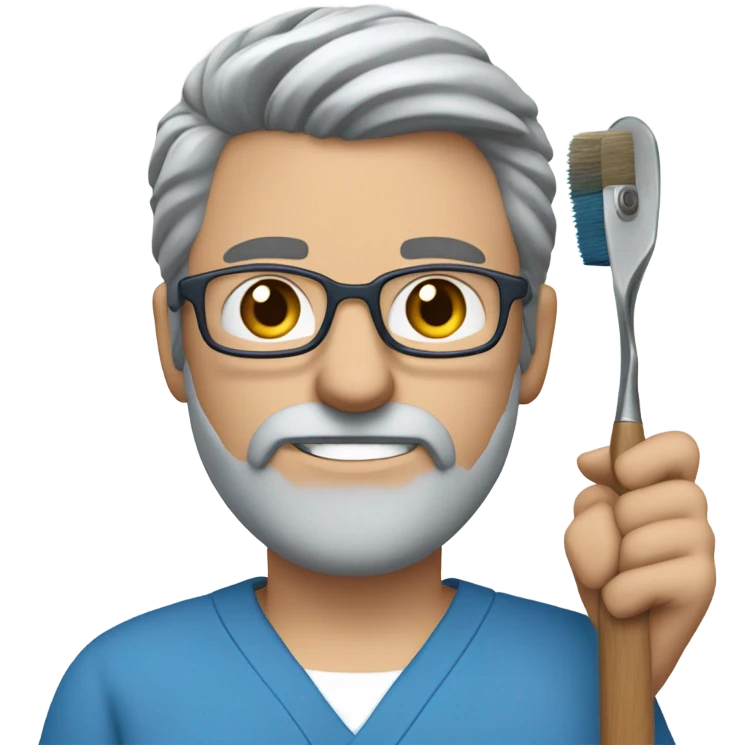 male dark blond doctor with grey beard with hazel eyes and small wire-rimmed glasses in blue scrubs holding a paintbrush and saw emoji