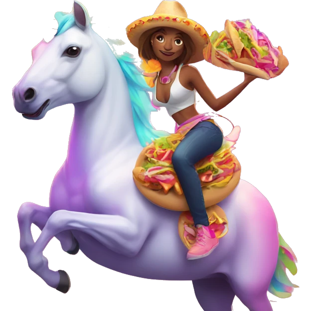 two women eating tacos while riding a unicorn surrounded by a neon heart that’s on fire emoji