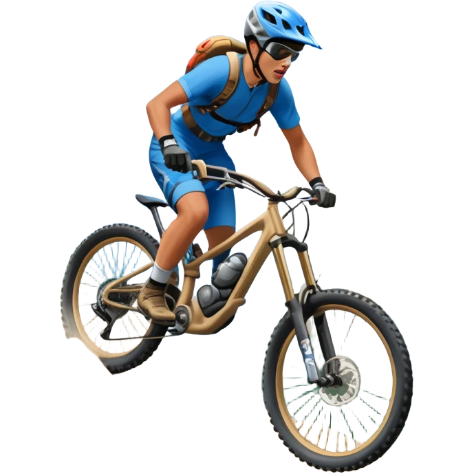 A thrilling downhill mountain biking scene! A rider in full gear speeds down a steep rocky trail, kicking up dust. The rugged mountain landscape surrounds them, with towering peaks, evergreen trees, and a bright blue sky. The rush of adventure is in the air. Transparent background. emoji