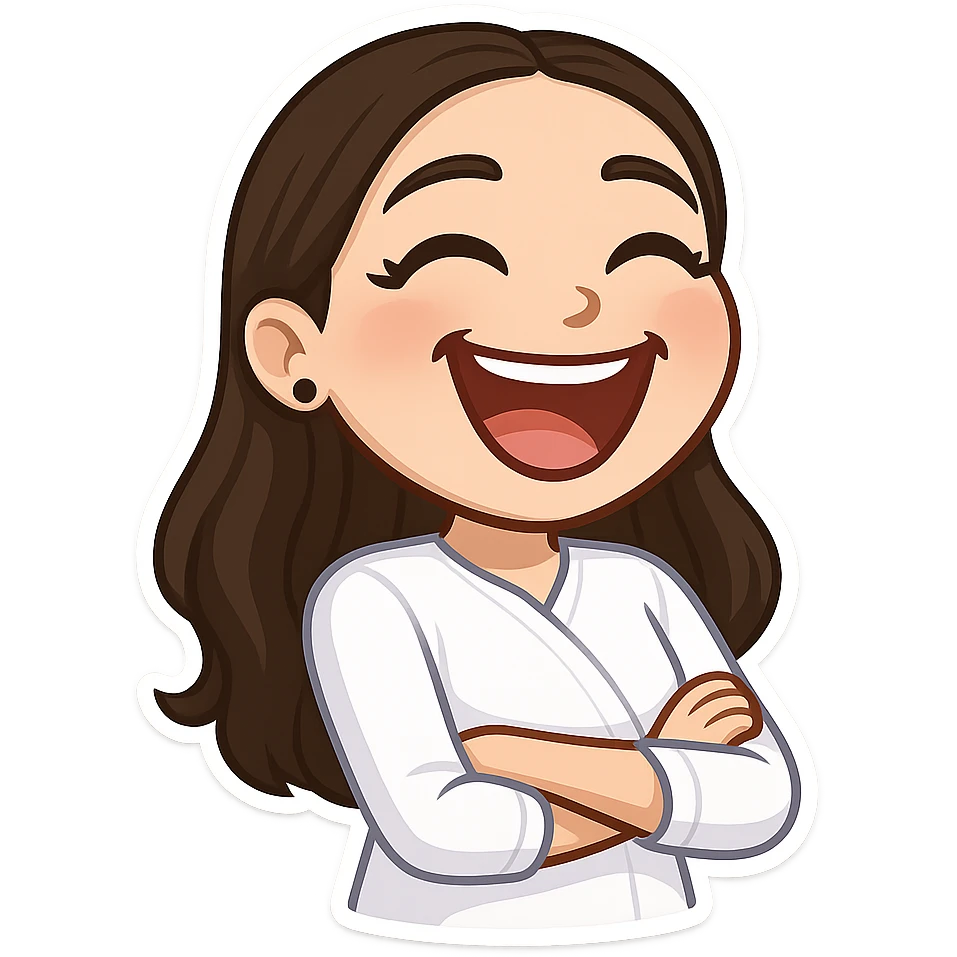 Create a chibi sticker of the girl from the reference image laughing joyfully. Use 3D bitmoji style with a white outline and transparent background. emoji