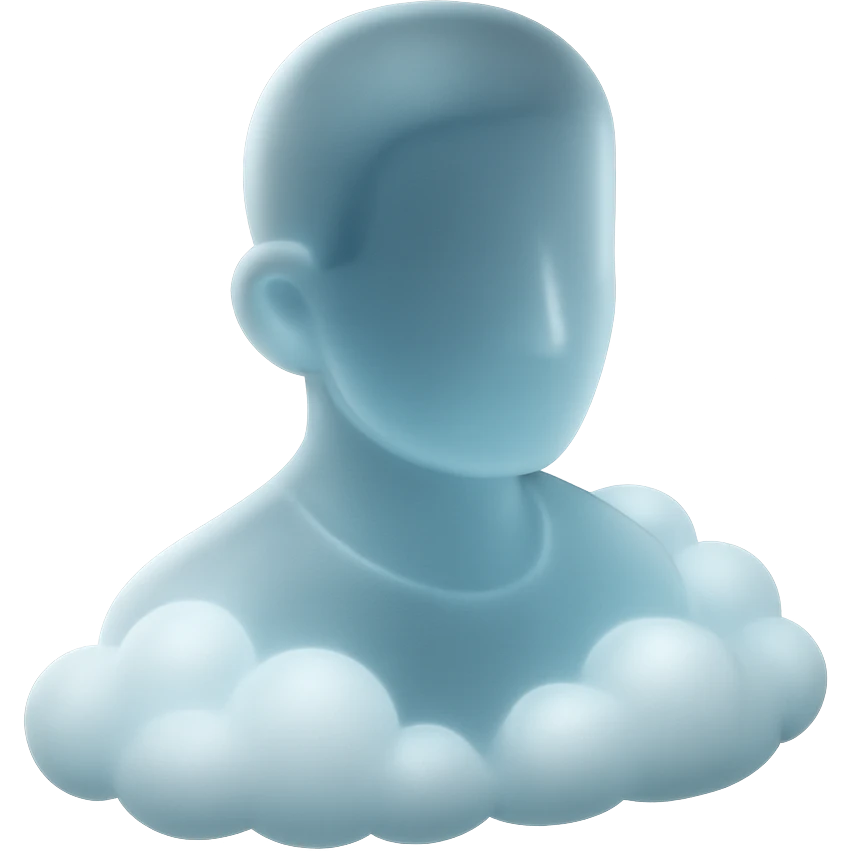 person looking straight ahead, shoulders filled with puffy white clouds, matte glass style emoji