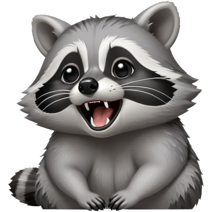 Cinematic-cute realistic- Yawning Raccoon-Portrait-Emoji – Poised and confident, wide-open yawn, revealing a soft grey with a sturdy build and a beautifully textured fur of silver-grey accented by dark black facial markings, deep-set, big black eyes, simplified yet sharp and sophisticated zoom out to show shoulders emoji