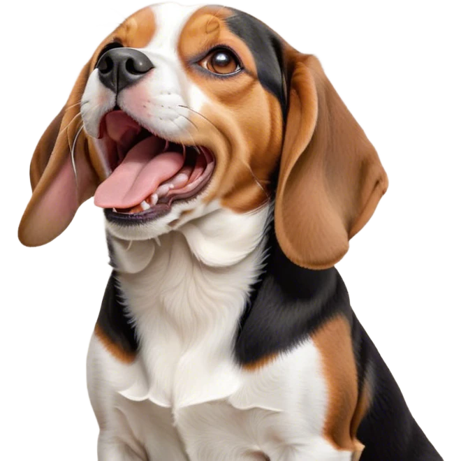 Cinematic Cute Yawning Tri-Color Beagle Portrait Emoji, Head tilted slightly with a dramatic, wide-open yawn, showcasing a soft tri-color coat of white, brown, and black, floppy ears slightly drooping, round hazel eyes barely open in drowsy contentment, Simplified yet irresistibly adorable features, highly detailed, glowing with a soft, cozy glow, high shine, relaxed yet expressive, stylized with a touch of whimsy, bright and endearing, soft glowing outline, capturing the essence of a sleepy yet affectionate pup, so drowsy it feels like it could stretch right out of the screen and curl up for a nap! emoji