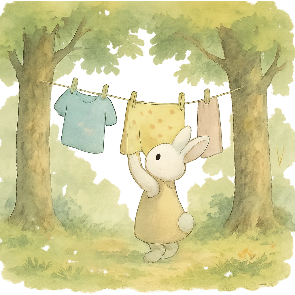 a bunny hanging laundry between trees, calming domestic forest feel, soft pastel colors emoji