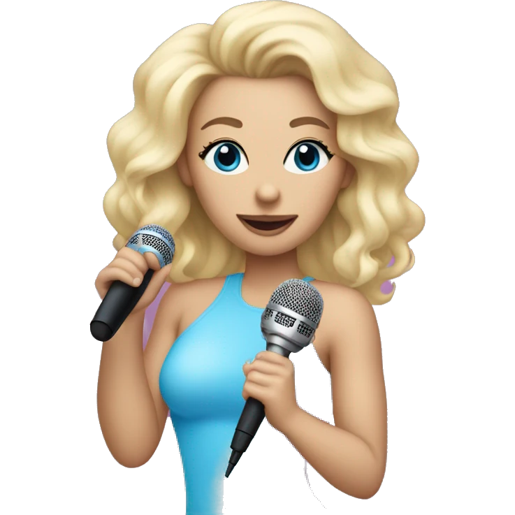 Blonde, caucasian singer wearing a pink and blue bodysuit and holding a microphone emoji