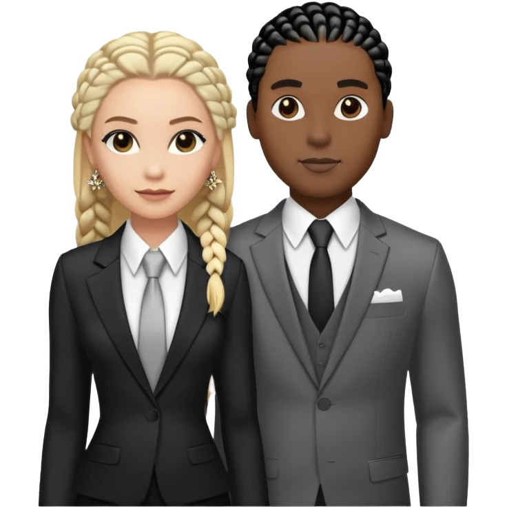 Black guy with black  cornrows in a suit with white girl with blonde hair and a fancy dress posing for a fashion show emoji