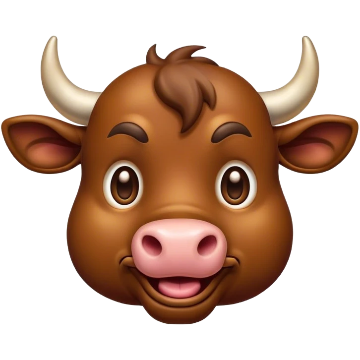 Cinematic Comical Brown Bull Portrait Emoji, Head tilted dramatically with an exaggeratedly amused expression, featuring a striking, glossy brown hide with a bold natural sheen, wide, expressive dark eyes filled with playful disbelief, Simplified yet hilariously expressive features, highly detailed, glowing with a slightly sassy glow, high shine, dramatic yet playful, stylized with an air of cheeky mischief, bright and endearing, soft glowing outline, capturing the essence of a spirited and over-the-top bull, so meme-worthy it feels like it could charge its way into internet fame instantly! emoji