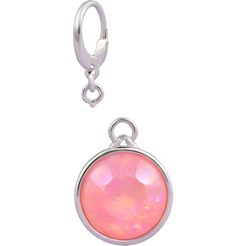 extreme macro of a round cut pink fire opal charm with silver setting and silver jump ring, glossy and iridescent finish emoji