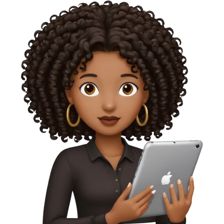 Dark brown Black girl with curly ponytail holding ipad emoji
