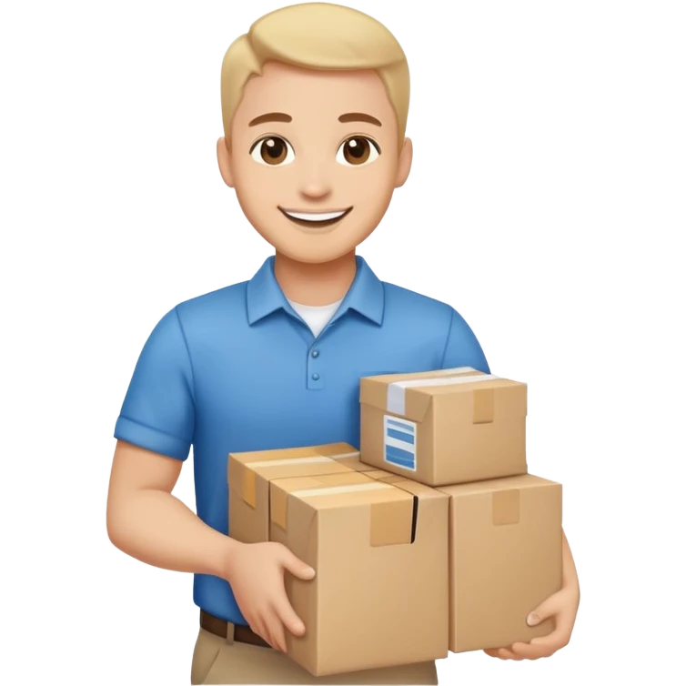 A friendly business person with packages and supplies, smiling and ready to deliver goods emoji