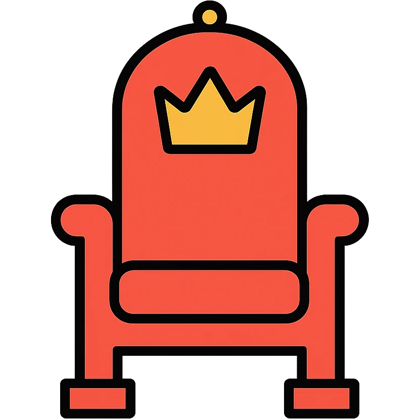 Minimalist DnD king throne icon in red outline. Simple fantasy royal seat with basic crown symbol on top. emoji