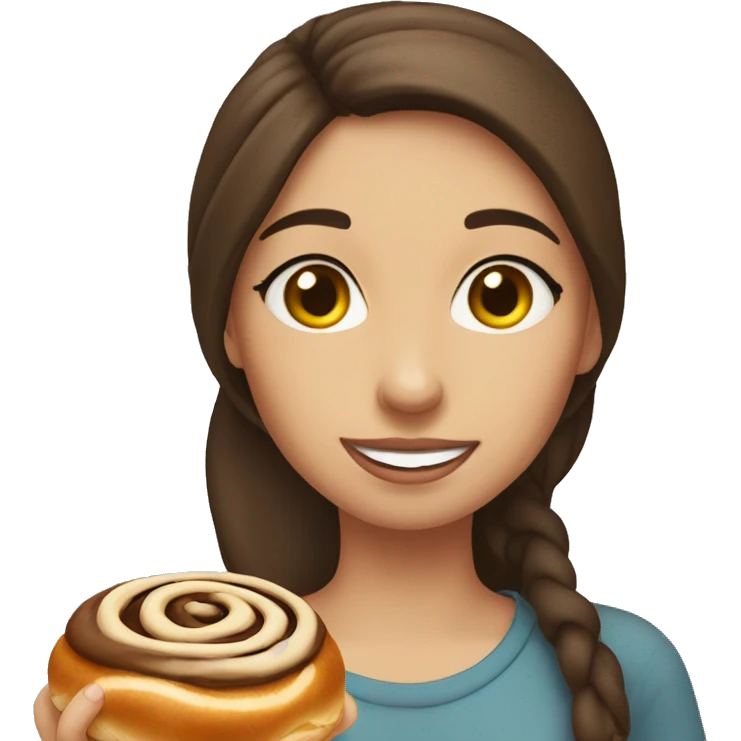 brunette girl eating cinnamon bun emoji