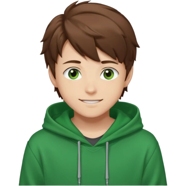Anime teen boy with brown hair, green eyes, and a green hoodie, looking smiling slightly sideways positioned. Face must be main filling of the emoji. A little piece of hoodie can be visible. 128px emoji
