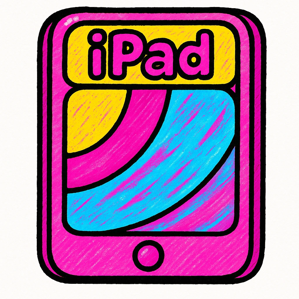 pink iPad in y2k style, holographic effect, bold outlines emoji