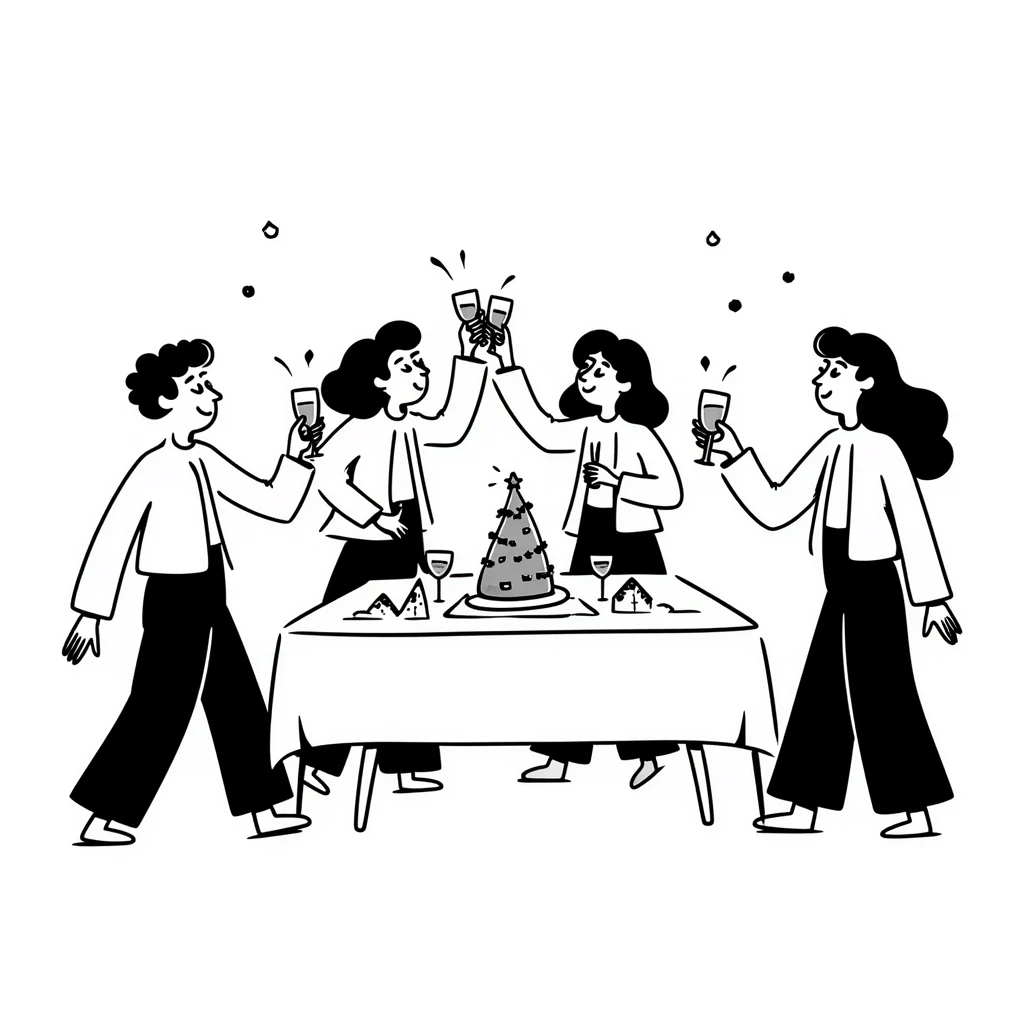 fun office holiday party with coworkers dancing, drinking and socializing around a decorated conference table emoji