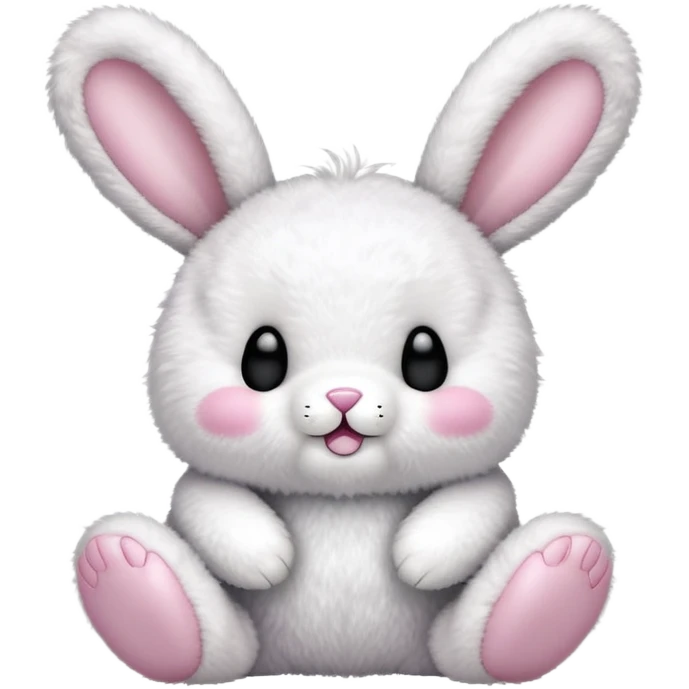 a fluffy toy teddy with a light pink colored shell and ears and a white face and rabbit feet, with a cute black closed eyes and mouth emoji
