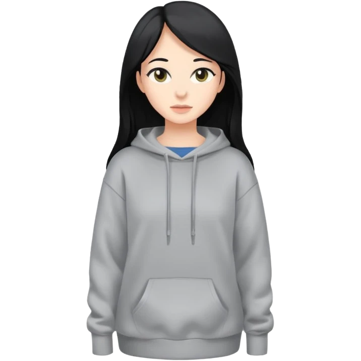 full-body female avatar, flat vector, long black hair, oversized sweatshirt, neutral background emoji