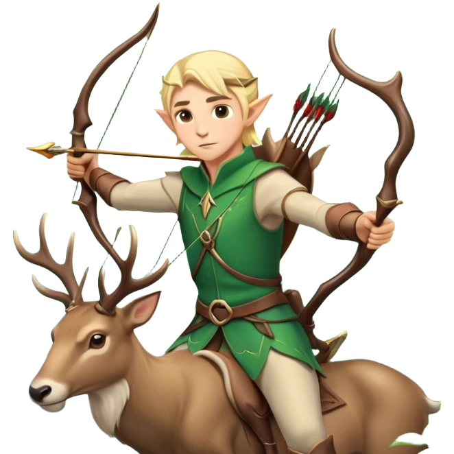 clash-of-clans-aesthetic-blond-male elf-archer-portrait-emoji, rendered in a flat, vector-style with minimal shading and bold holding his bow, simplified shapes, head tilted slightly forward with a determined, focused expression, riding a majestic stag whose antlers glow with mystical energy, set against an ancient, enchanted forest backdrop. emoji
