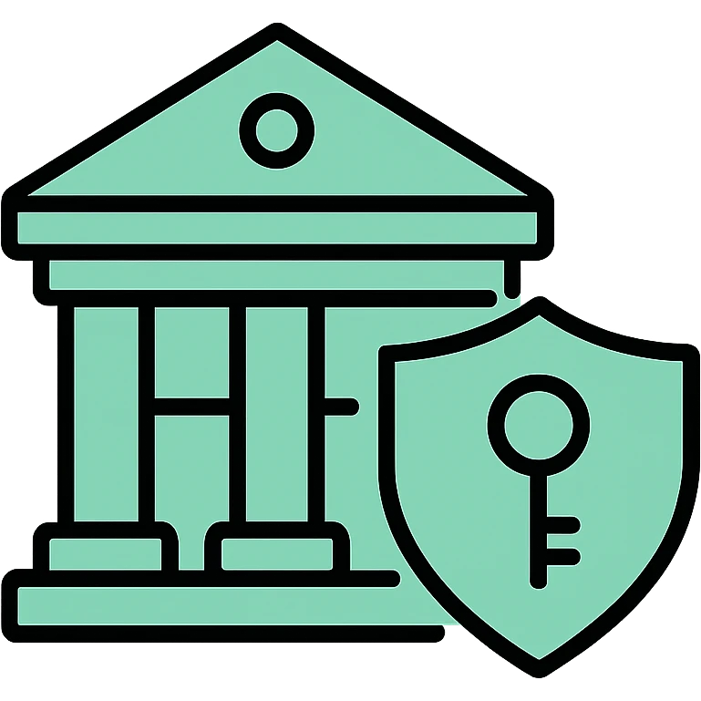 Public property building with shield and key, fluid dimensional design, techy style, black outlines with mint green #B5F4D3 fills emoji