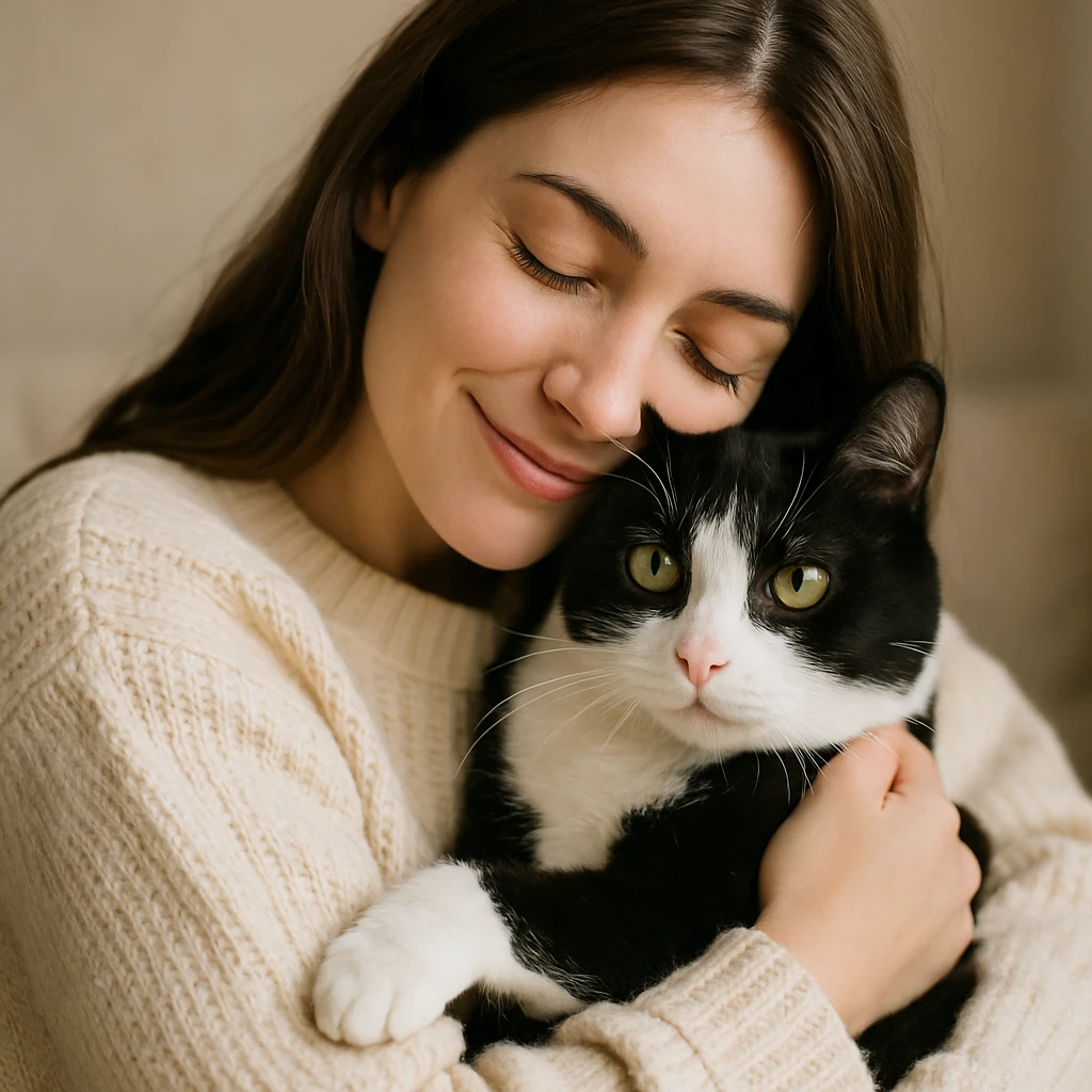 a woman in a cream sweater with long brown hair hugging a black and white cat, cozy and loving moment emoji