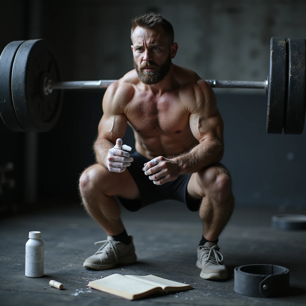 30-year-old muscular man during squat with barbell, tired face, hands with chalk, training diary nearby, dark circles and redness on joints, water bottle, magnesium, belt on floor, blurred gym background, cold lighting, cinematic realism style emoji