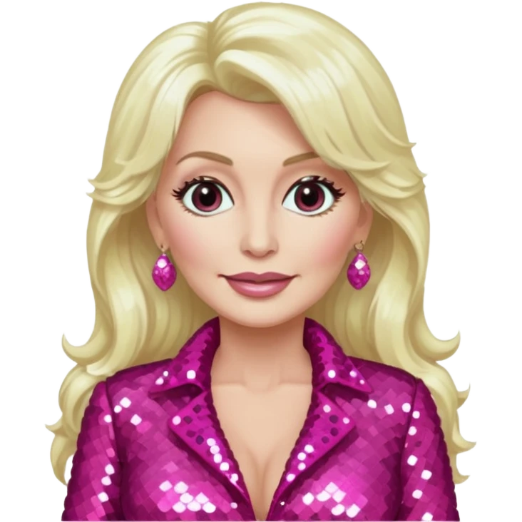Dolly Parton with long platinum blonde hair, dark pink sequin outfit emoji