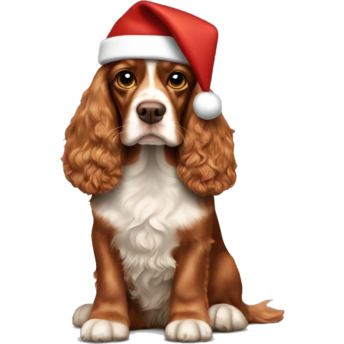 A full-length, adult, red cocker spaniel in a New Year's cap emoji