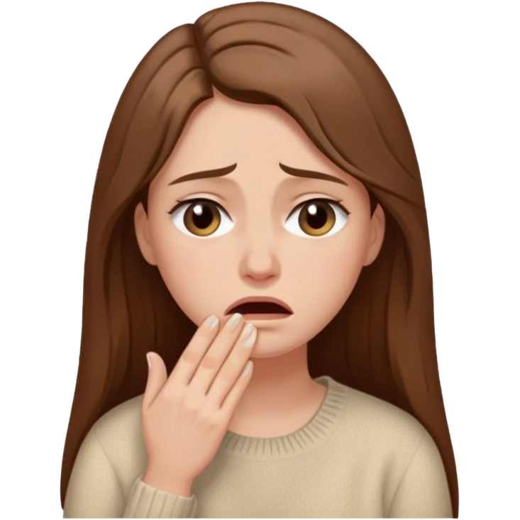 Woman with long brown hair crying, light beige sweater emoji