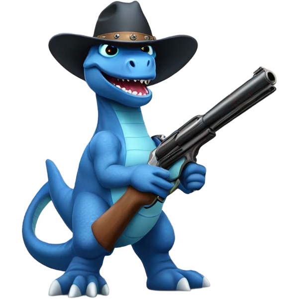 Blue dinosaur wearing a cowboy hat and has a gun emoji