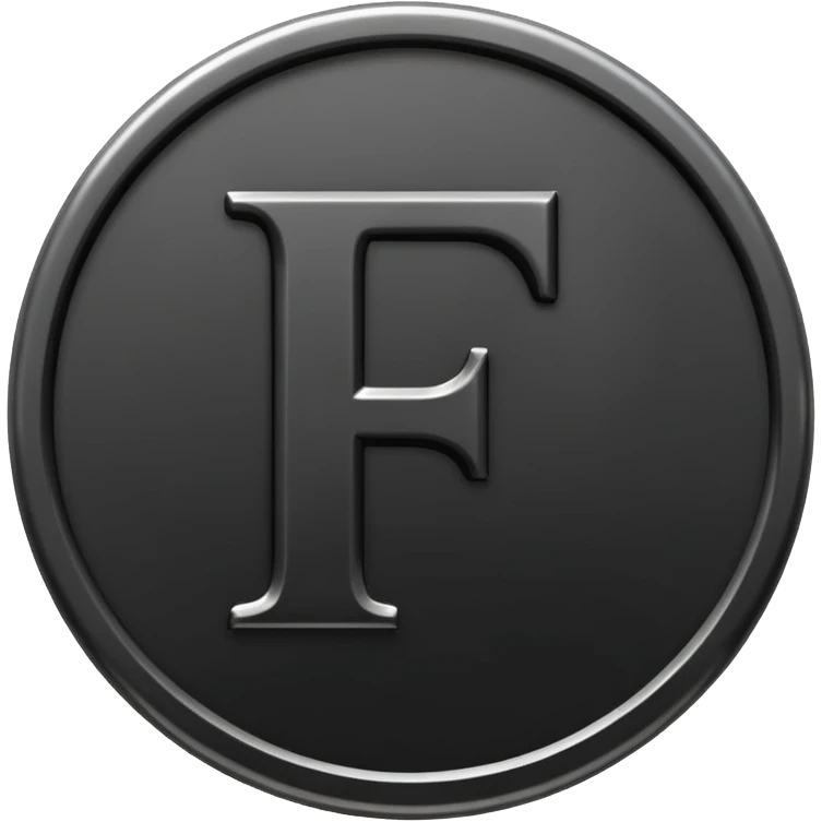 Emoji icon of a black coin with engraved letter F, minimalist style, isolated, no color emoji