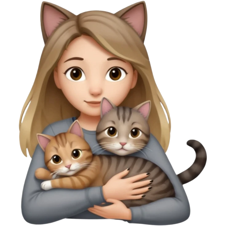 Une femme avec les cheveux dégradée, brun et blond, qui fait un câlin à son chat qui est gris, tigré avec les extrémités oreille patte et queue noir  emoji