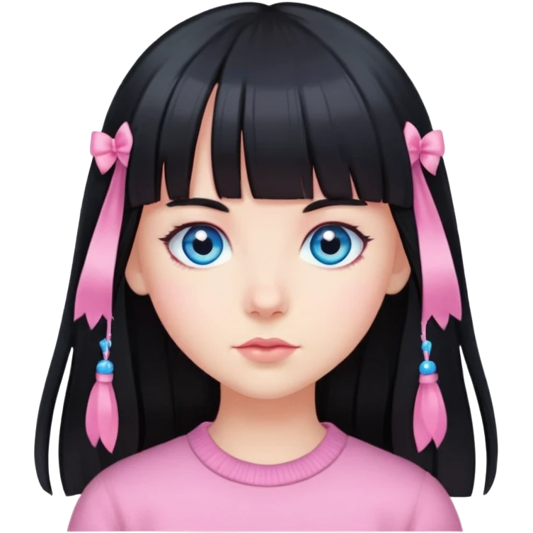 girl with long black hair and bangs blue eyes and hairclips in pink emoji