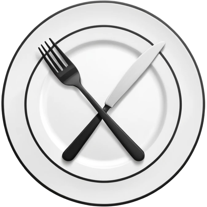 Minimalistic flat vector icon, iOS style, thin black contour on white background. Fork and knife crossed on a plate. Clean, no text, no shadows emoji