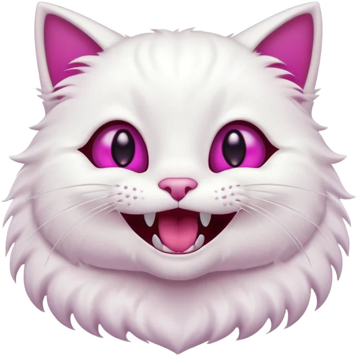 White cat, very happy open mouth smile, fangs showing, magenta eyes, black background, cute cartoon style emoji