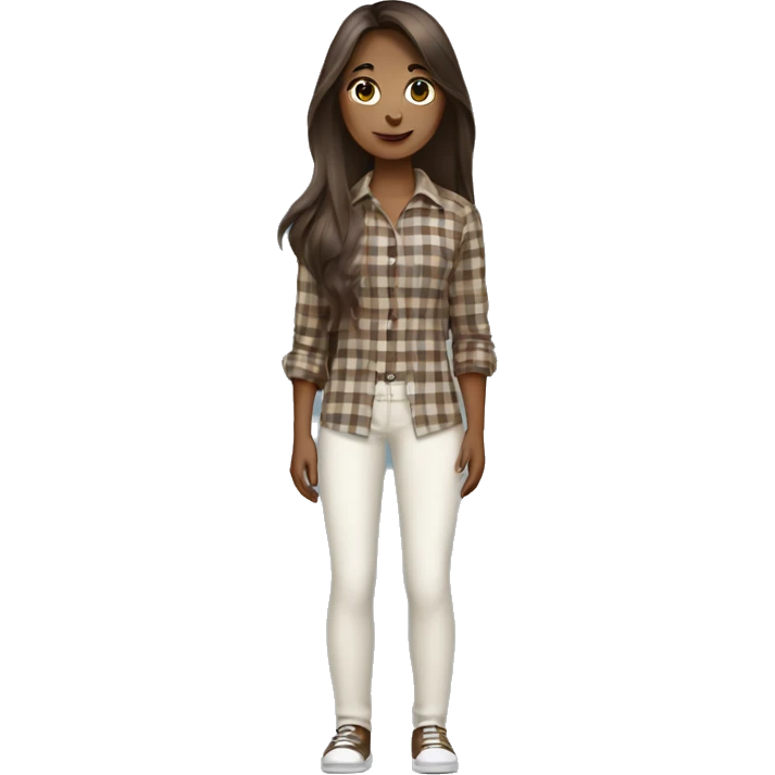 a brunette girl with long straight hair stands in a brown checkered shirt and white pants with a small black handbag emoji