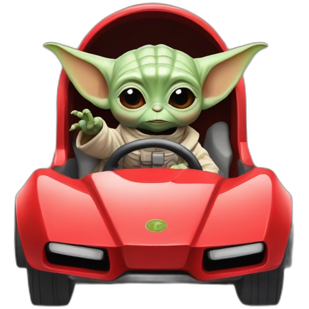 baby yoda driving a red ferrary in an astronaut suit in jurasic park emoji