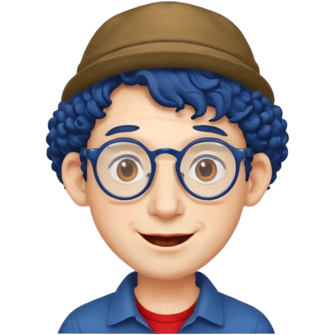 dark blue haired man curly hair with big ears and red earrings and spectacles happy and hat wearing emoji