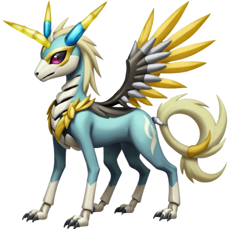 Colorful Skeletal masked armored Meloetta-Manectric-Silvally-Solgaleo-Raikou-Pokémon-Digimon-Fakémon-fusion-hybrid-creature, full body emoji