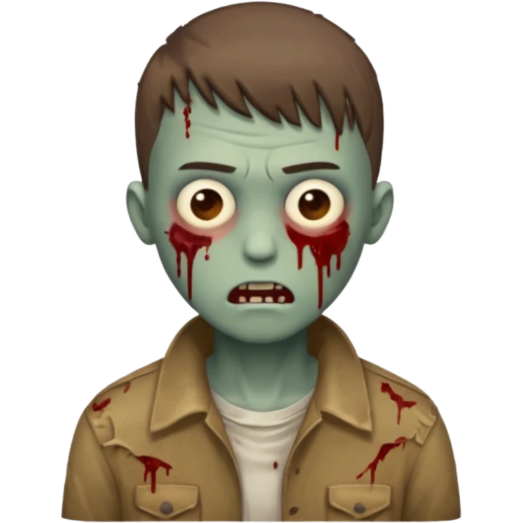 zombie emoji of a boy with a buzzcut and a long fringe covering his forehead down to his eyes, brown hair, brown eyes emoji