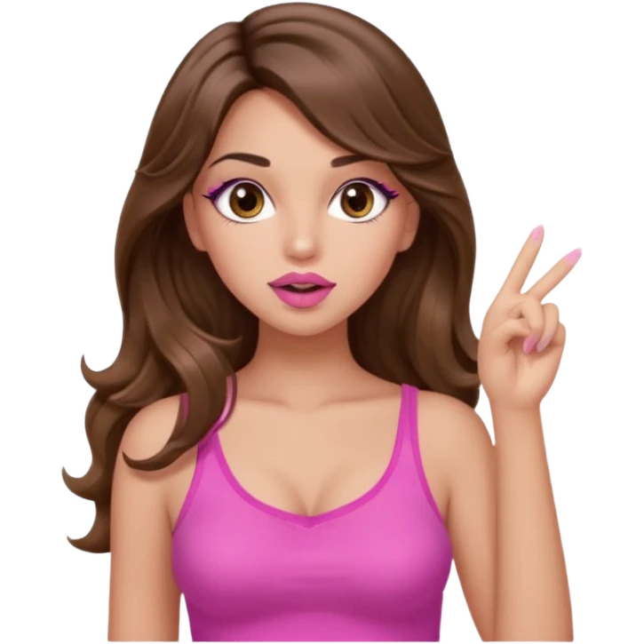 girl with long wavy brown hair, brown eyes, light to medium complexion, in a pink sexy top, pink lips, long lashes, silent motion with the hand one finger up by the mouth emoji